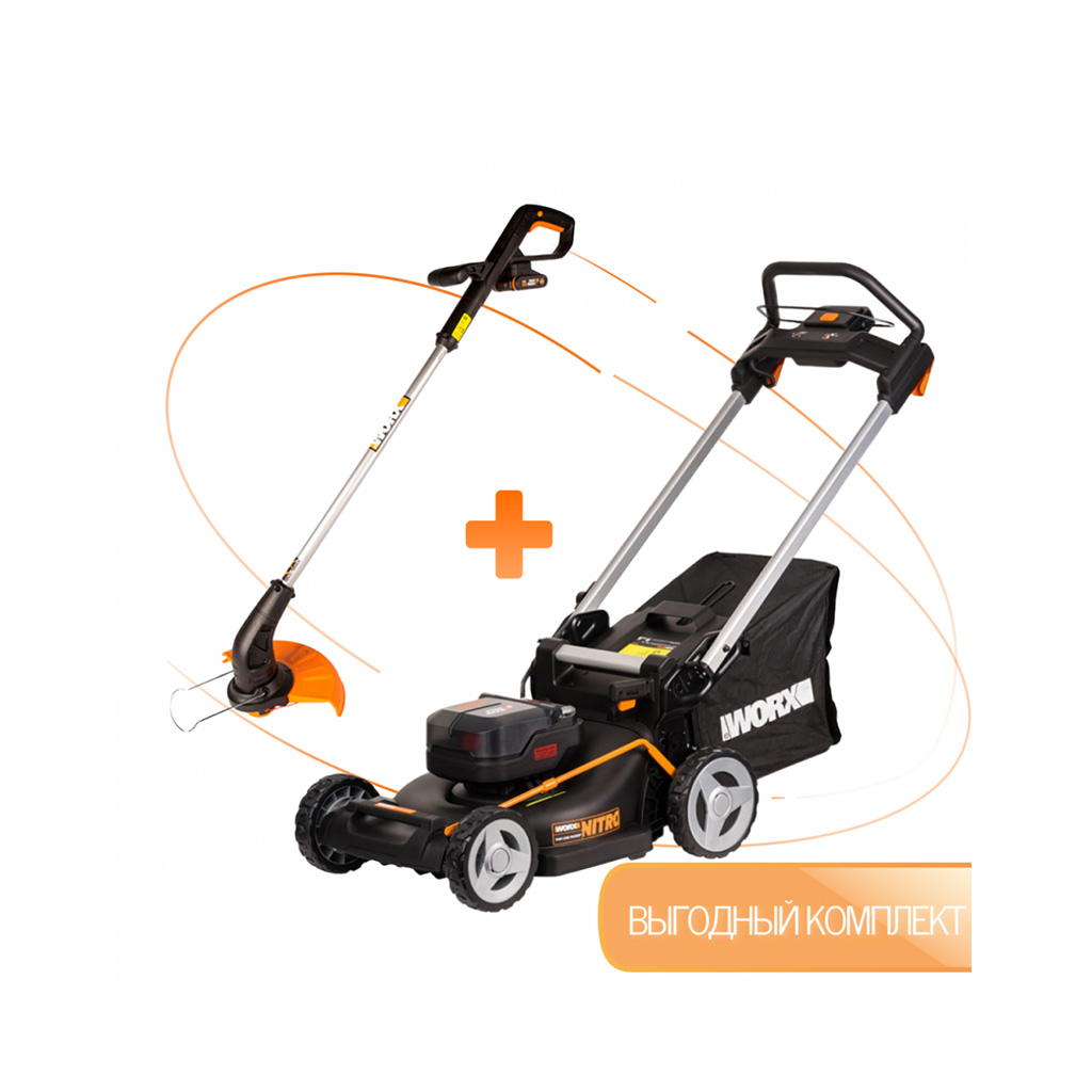 Газонокосилка аккумуляторная WORX WG748E + в подарок триммер аккумуляторный WORX WG157E