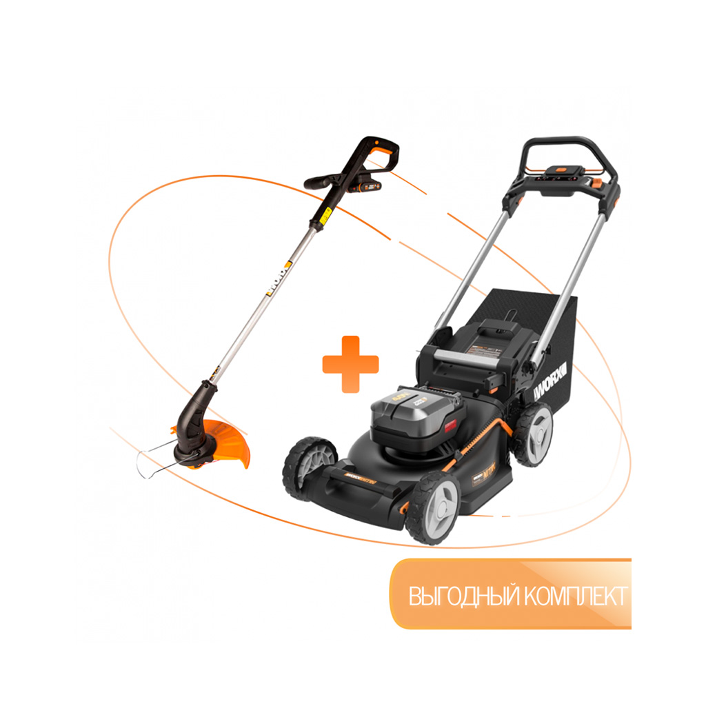 Газонокосилка аккумуляторная самоходная WORX WG749E + в подарок Триммер аккумуляторный WORX WG157E