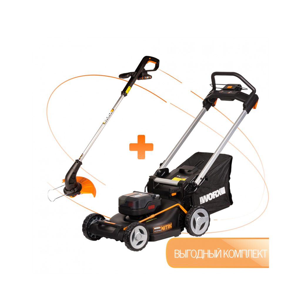 Газонокосилка аккумуляторная WORX WG748E + в подарок триммер аккумуляторный WORX WG157E